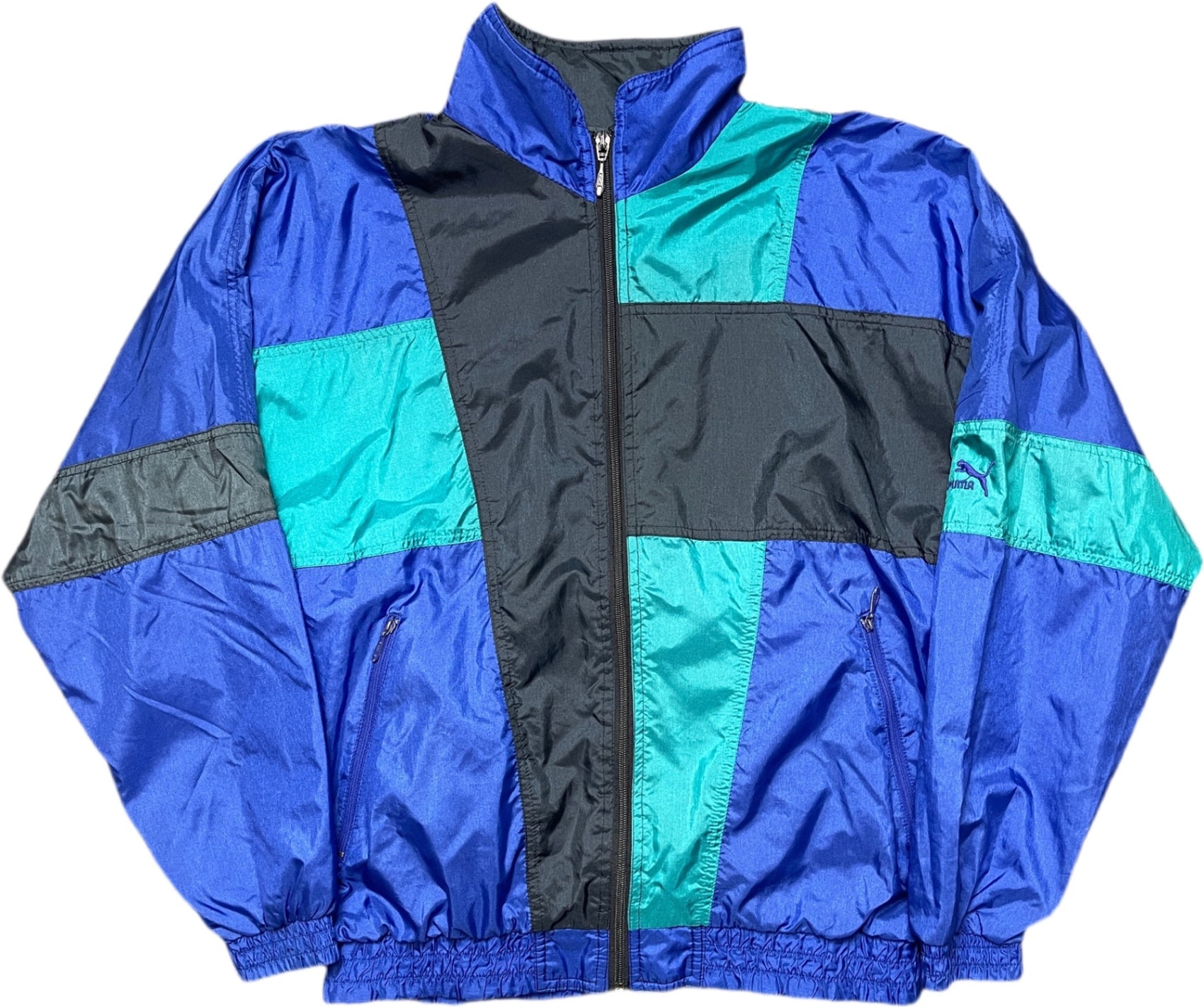 Vintage 90s Puma Trainingsjacke Blau, Grün und Schwarz Polyester M