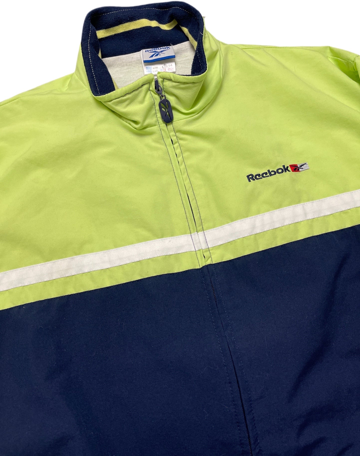 Vintage Reebok Trainingsjacke Neongelb und Marineblau Polyester L