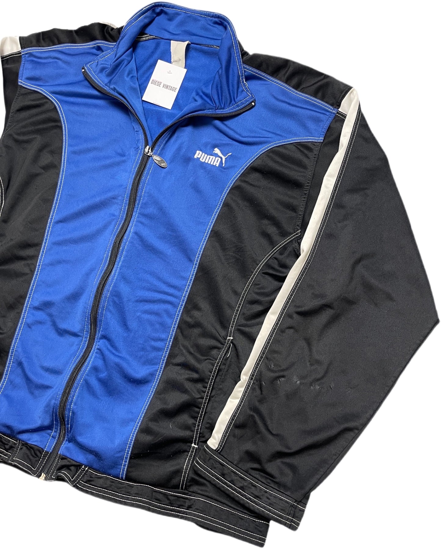 Vintage Puma Trainingsjacke Blau, Schwarz und Weiß Synthetik L